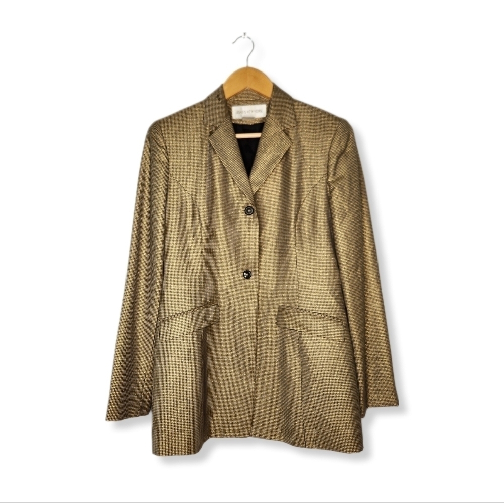 Vintage 90s Long Line Houndstooth Gold Metallic Threaded Two Button Blazer 4
